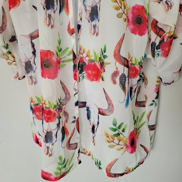 White Chiffon Kimono Oversized S/M Colorful Floral Boho Bull Skull Western Girly - Picture 3 of 7